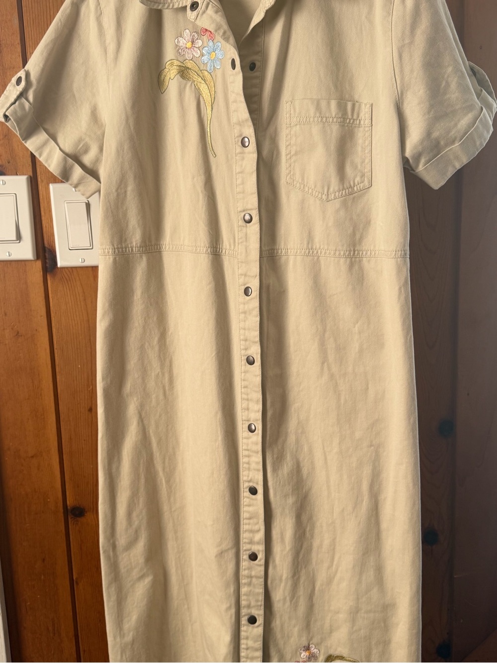 Bobbie Brooks Cream Button-Front Maxi Shirt Dress with Floral Embroidery